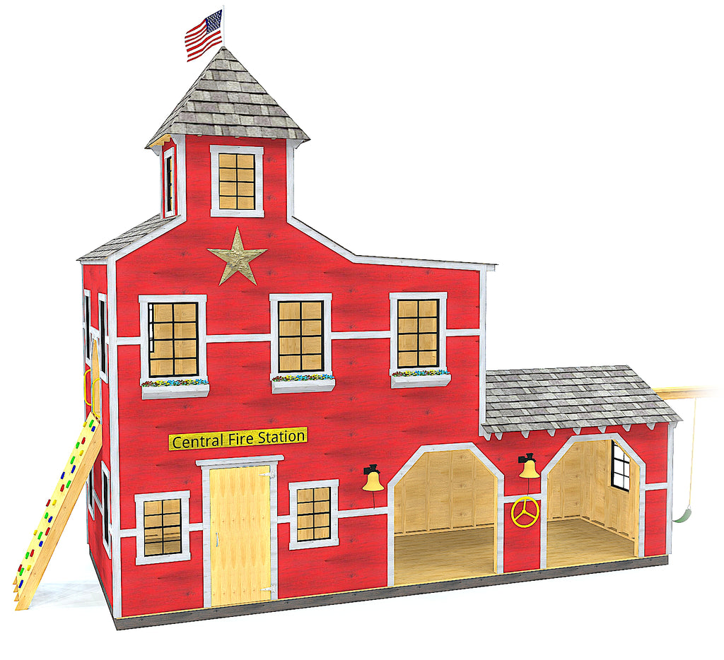 A large, 3 story fire station playhouse plan with swing-set and rock wall