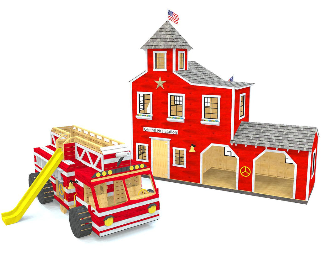 A fire truck play-set and fire station playhouse