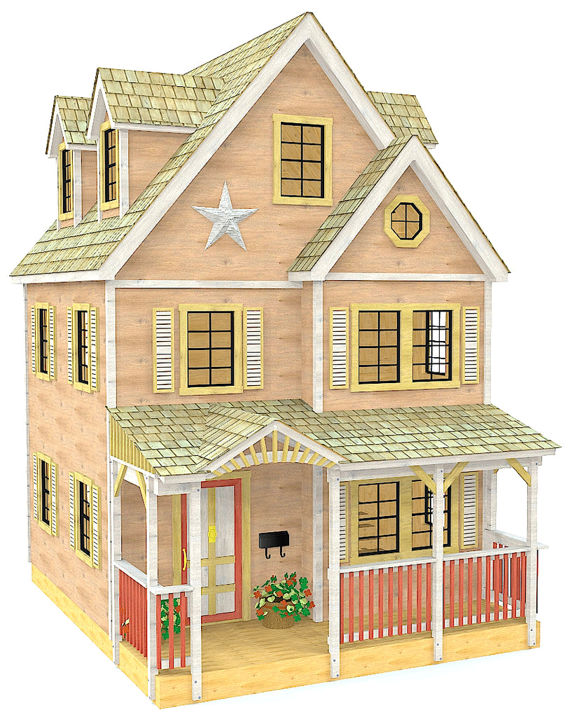 Large, 3 story Victorian playhouse with dormers and front porch