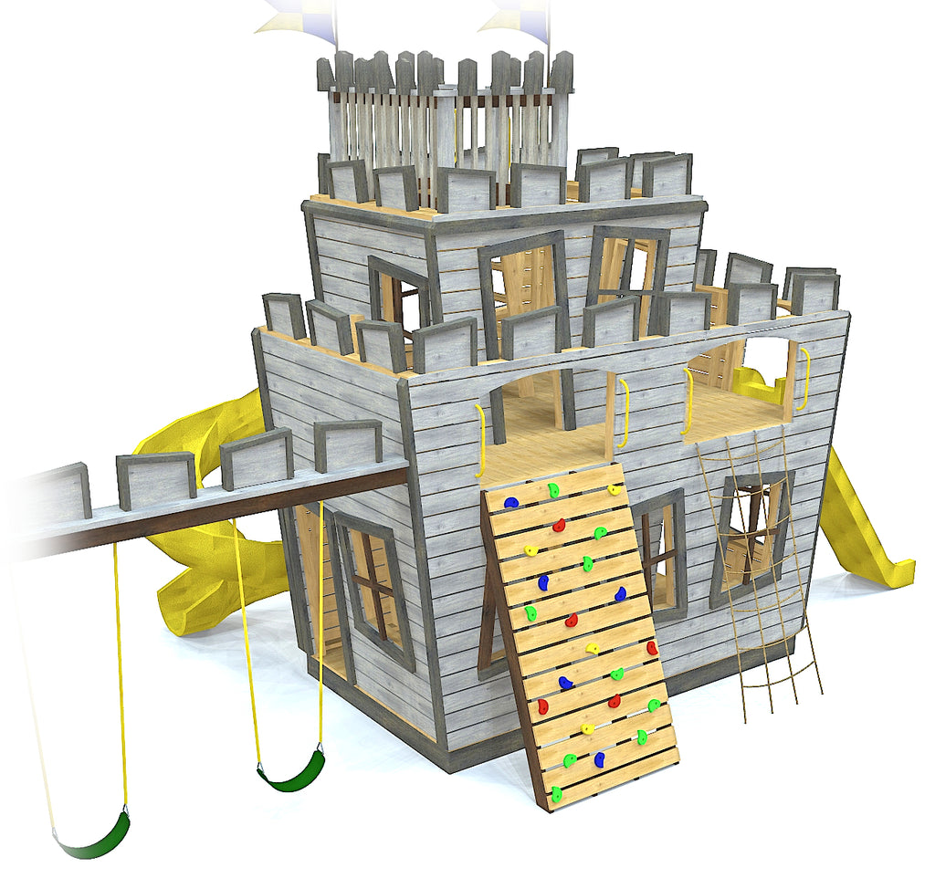 Crooked castle playset with swings, rockwall, slides, cargo net and crow's nest