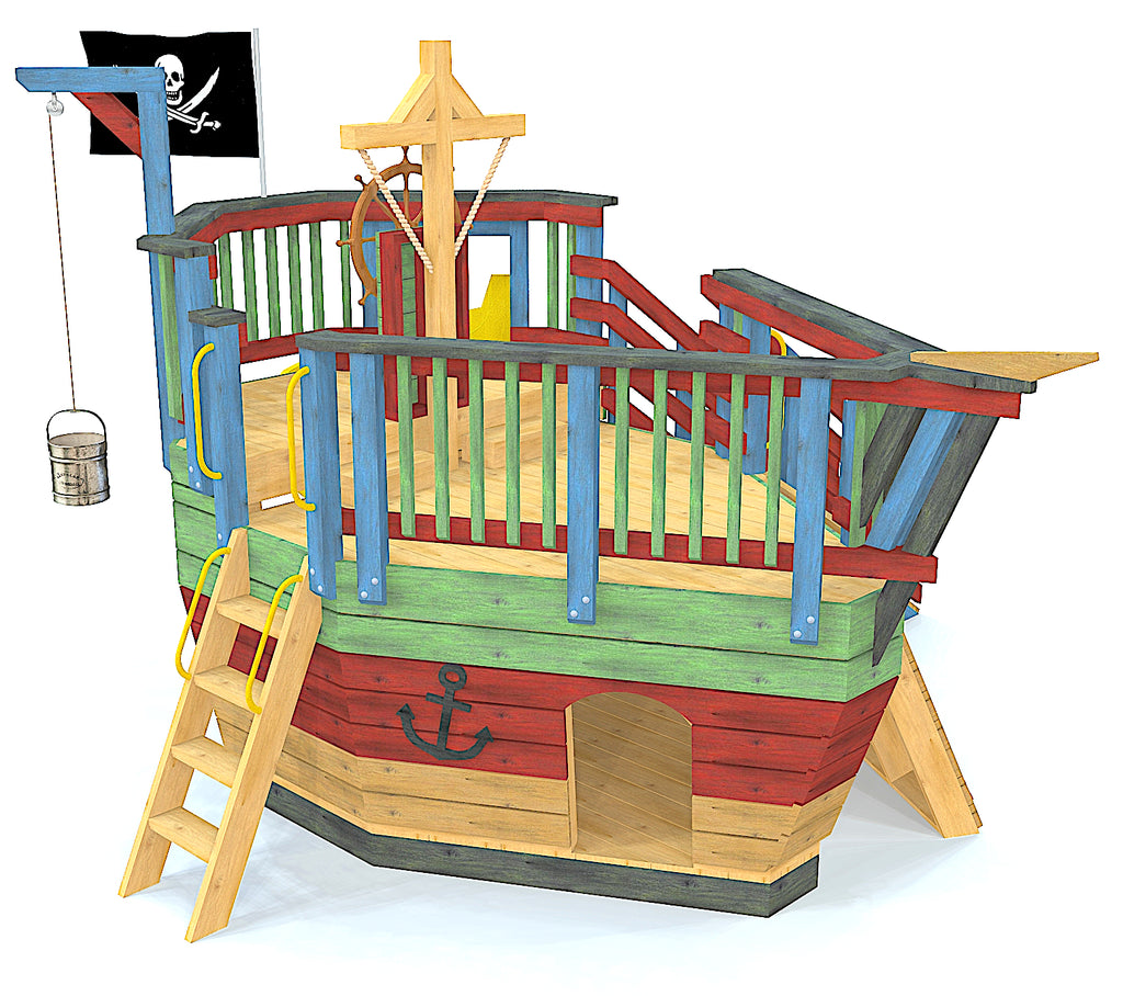 small pirate ship playground plan with two levels, gang plank and ship ladder