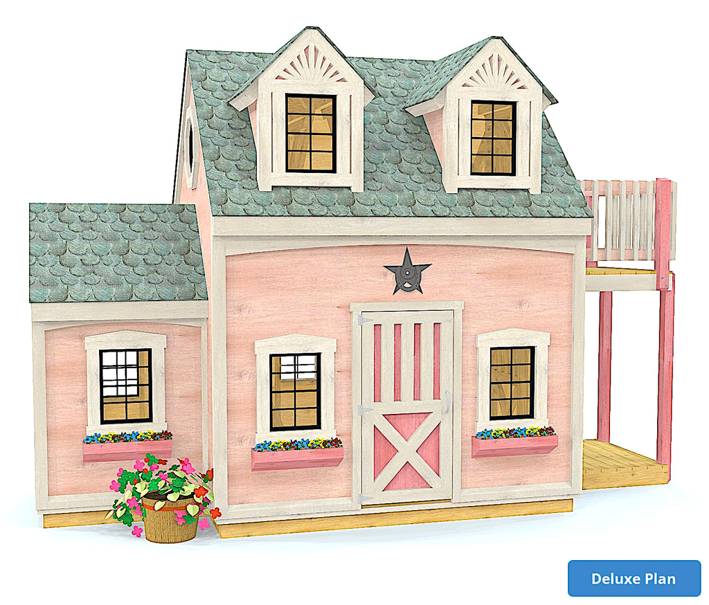 Damsel Playhouse - Girl's outdoor play home project with dormers and balcony