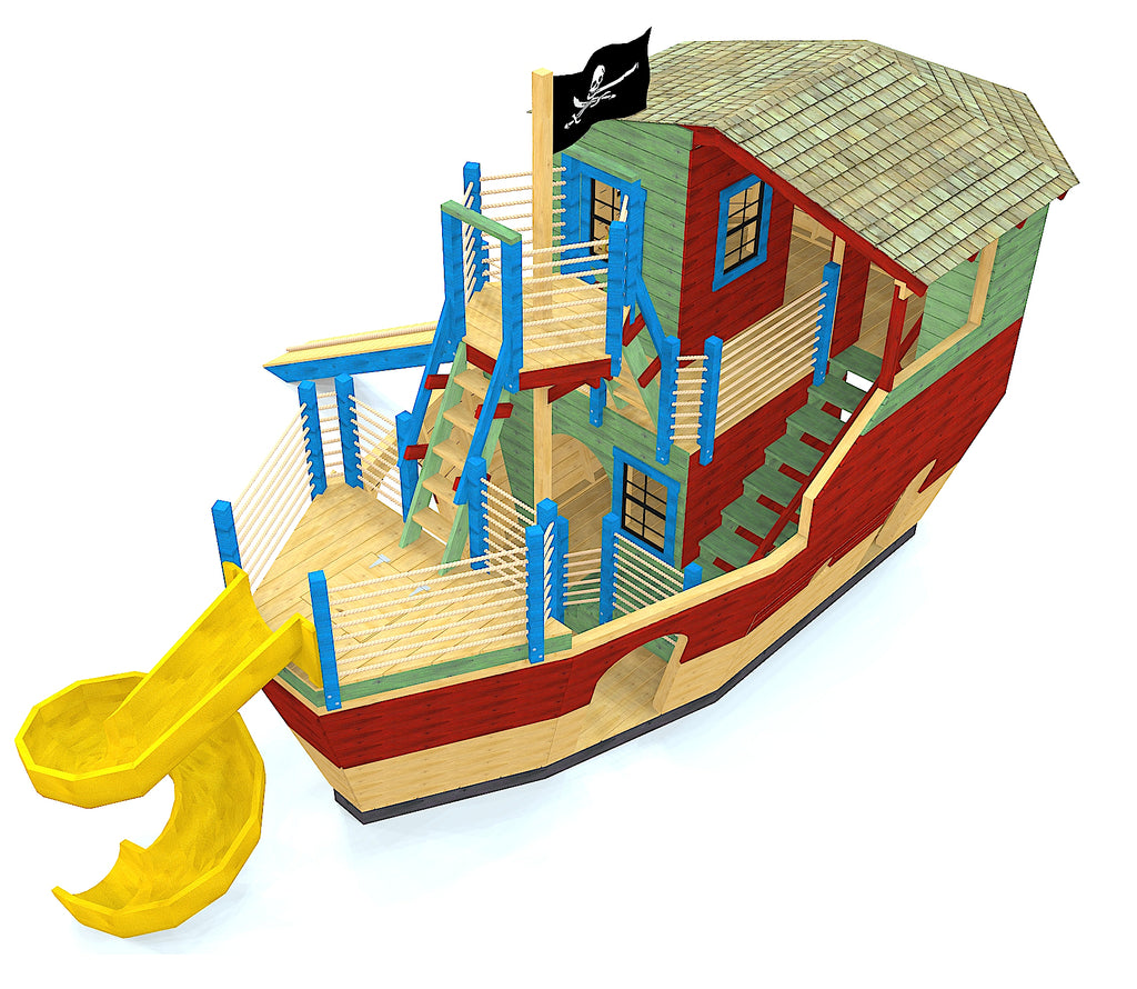 Children's pirate ship with several levels, rope railings, roof and crow's nest