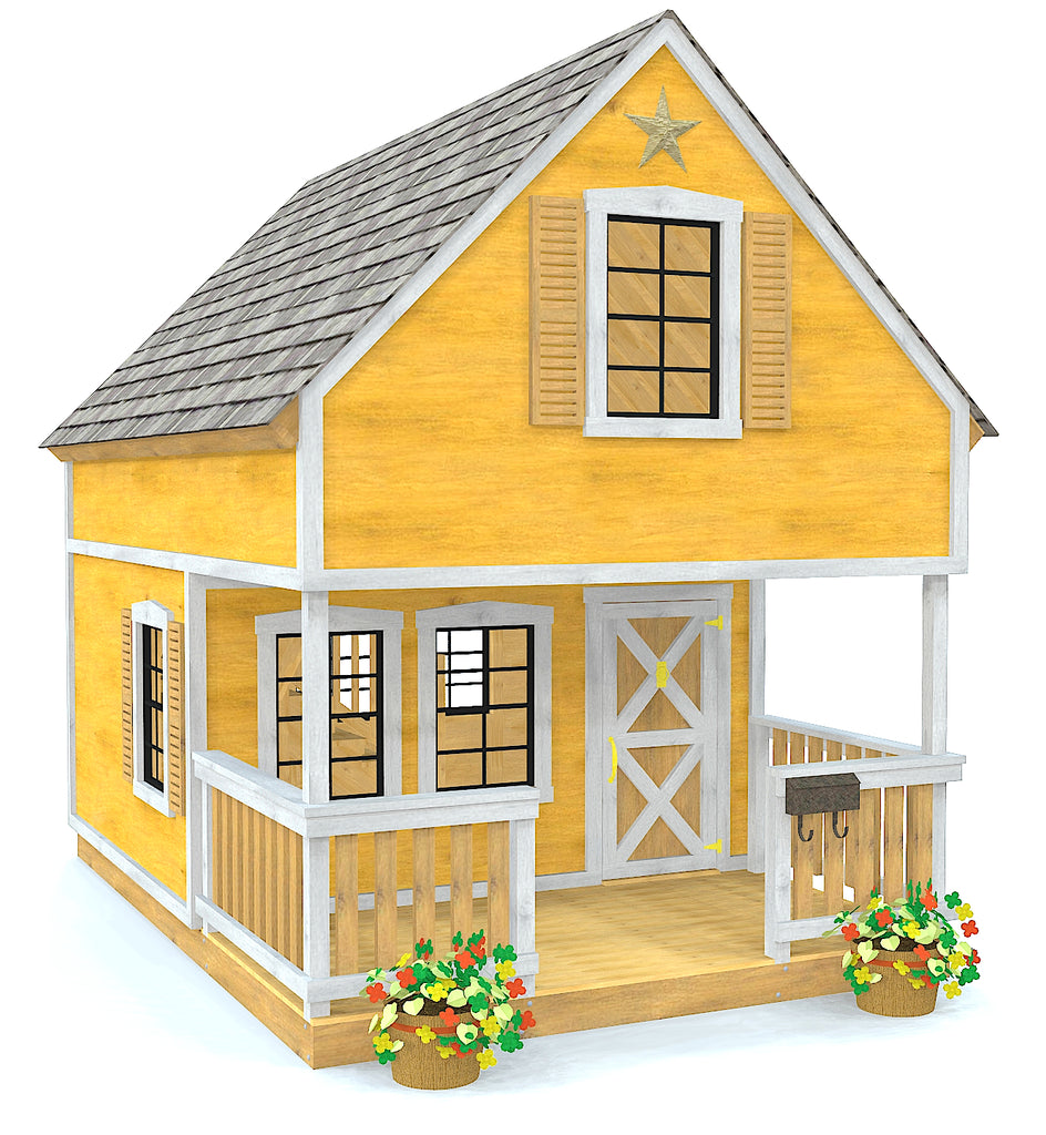 Two story DIY playhouse with gable roof and loft over front porch, yellow