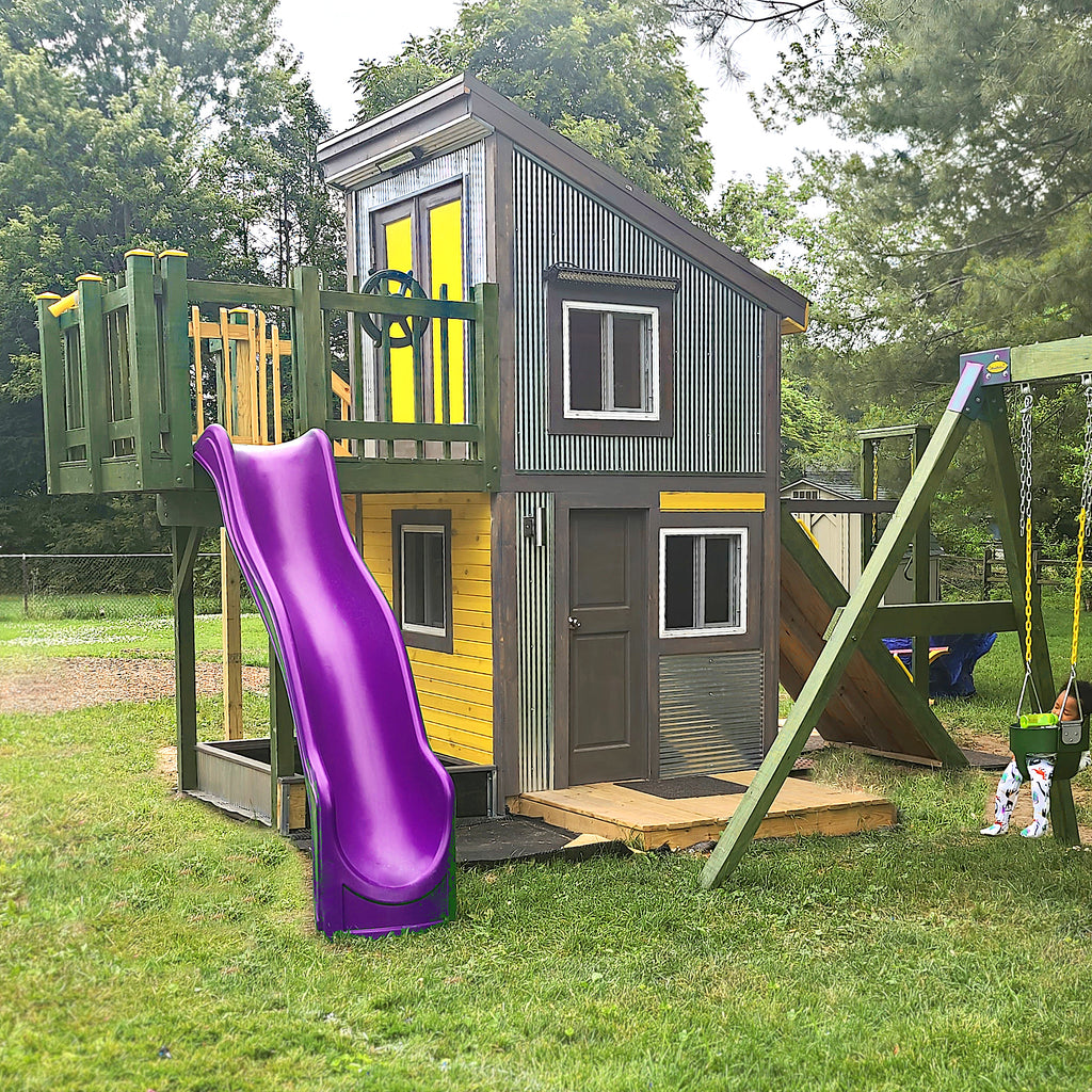 2 story clubhouse with lean-to roof, balcony and purple slide