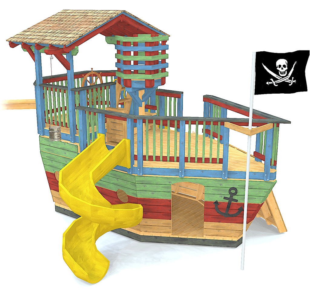 Medium pirate ship playset plan with 2 levels, slide, rockwall and crow's nest