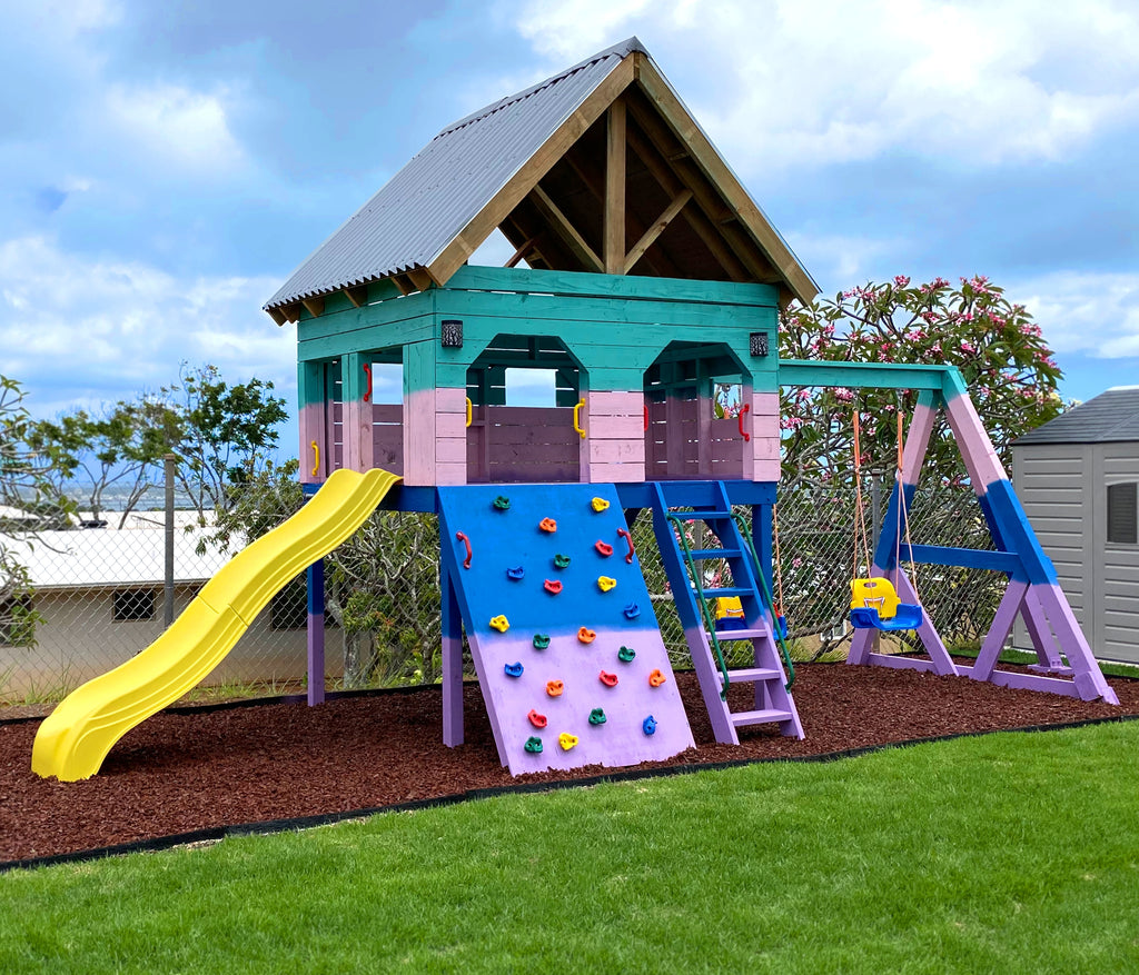 Purple and blue playset with swingset and slide