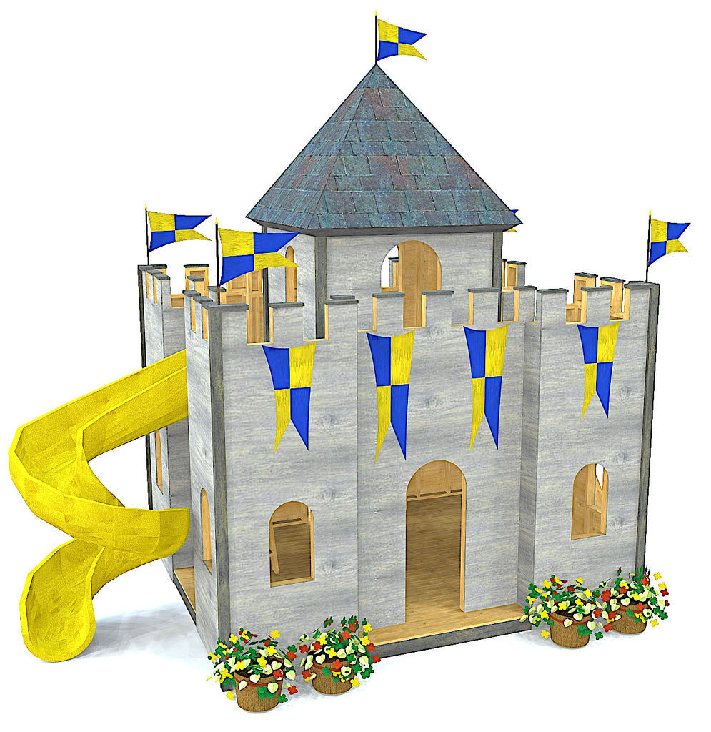 Four sided, two story backyard castle playset plan