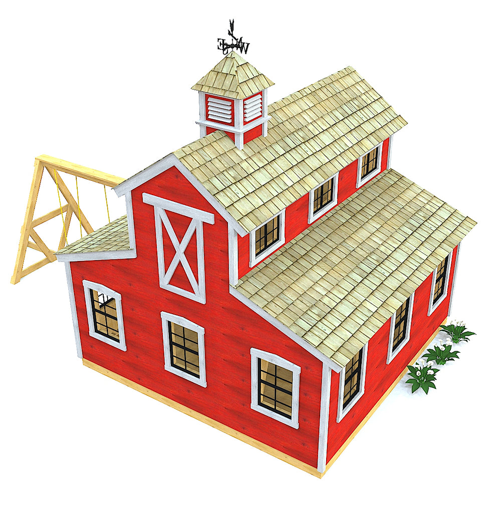 Red barn playhouse with swing set and cupola