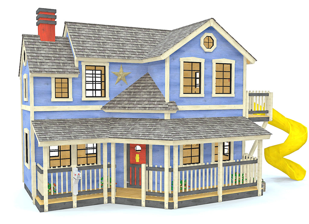 Large, 2 story DIY blue playhouse with hip, gable roof with porch and spiral slide