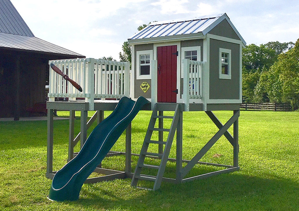 Grey, elevated playground playhouse plan