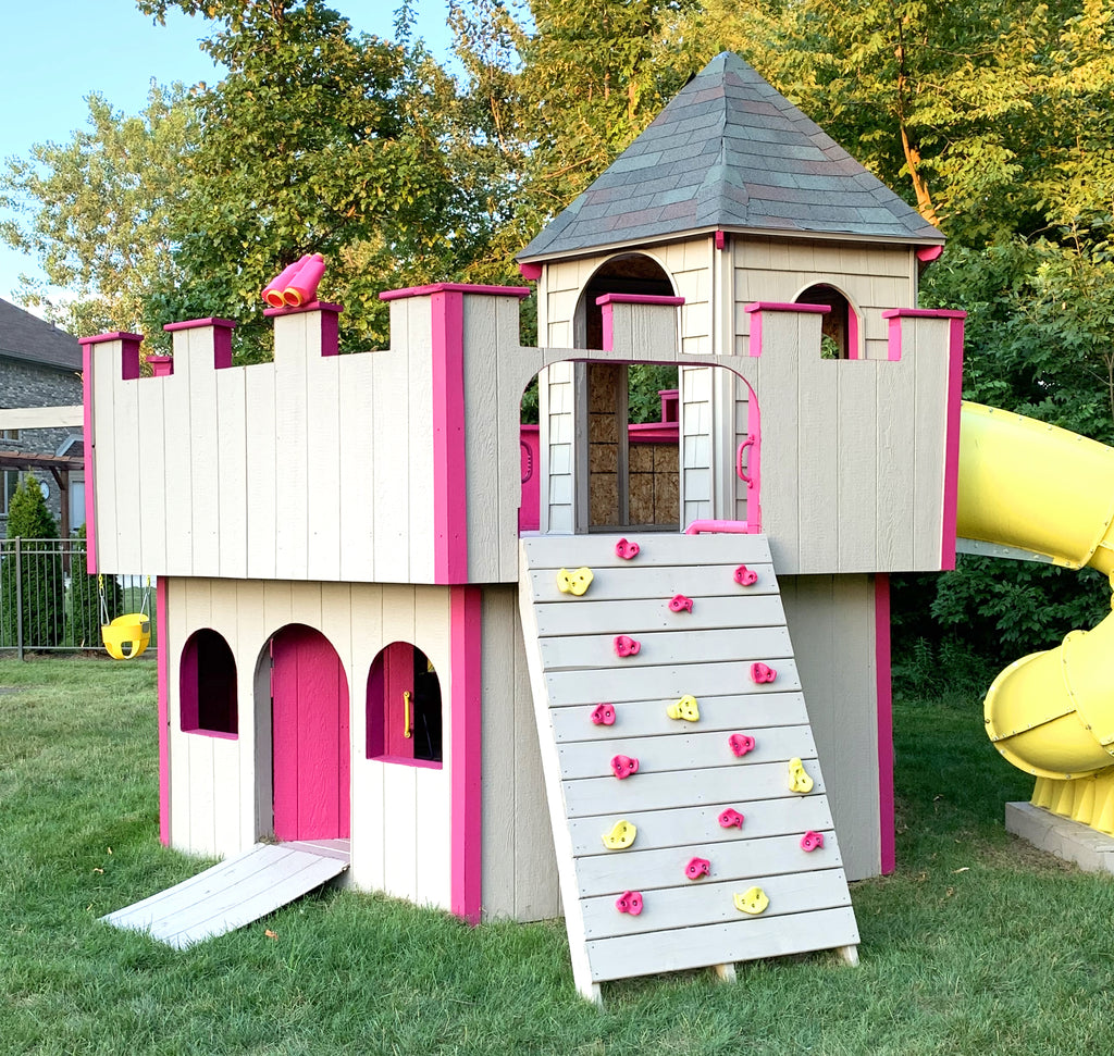 Grey and pink girls DIY casle outdoor playset with slide
