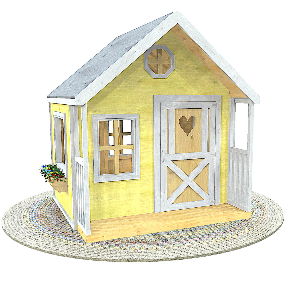 Small yellow indoor gable playhouse plan with porch and flower box