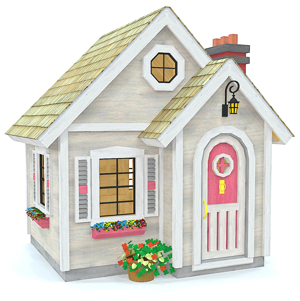 Two gable, grey girl's playhosue plan with curved front door and flowerboxes