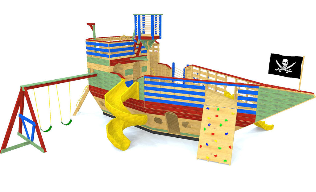 Large, 3 story pirate ship play-set plan with a swing-set, rock wall, slides, gang plank and crow's nest