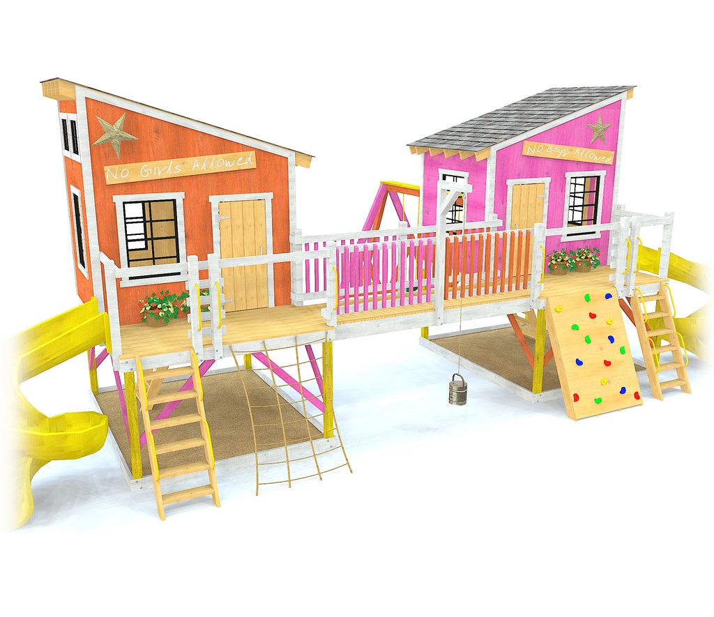 Twin lean-to playhouses connected by bridge - two slides and swing set