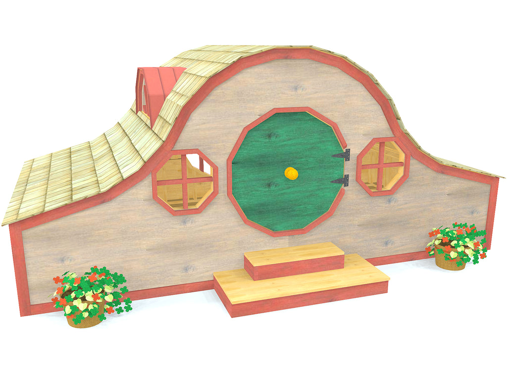 Whimsical Hobbit style playhouse with round door, windows and dormers