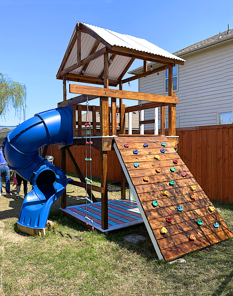 Open 2 level playset with awing and blue slide