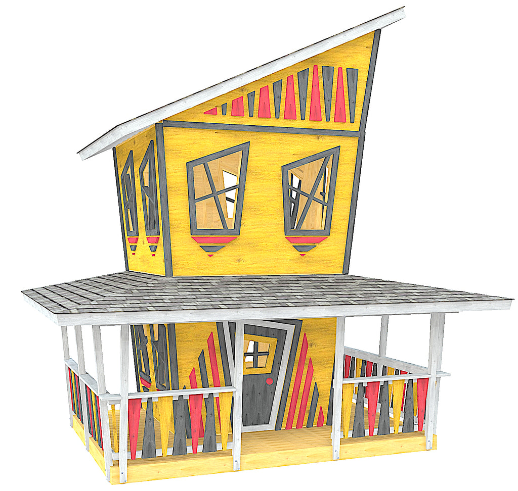 Cartoon retro modern playhouse with wrap around porch