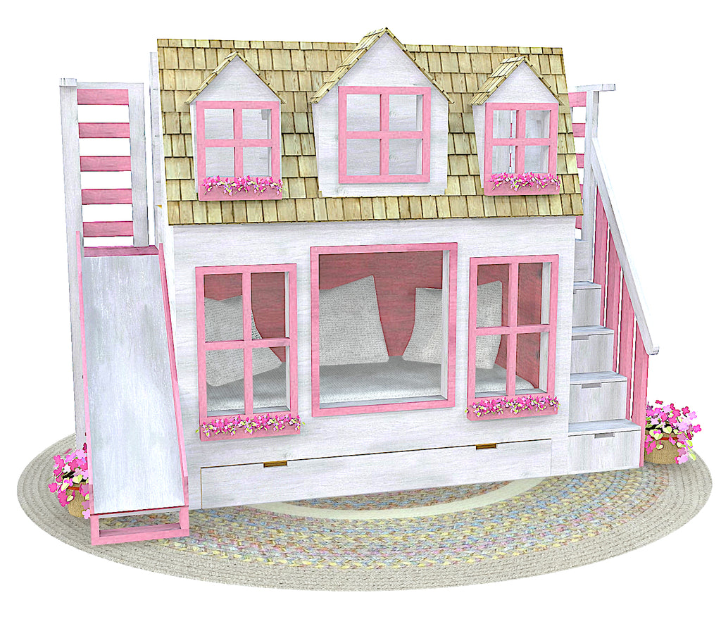 Girl's pink cottage bunk bed indoor playhouse plan with slide