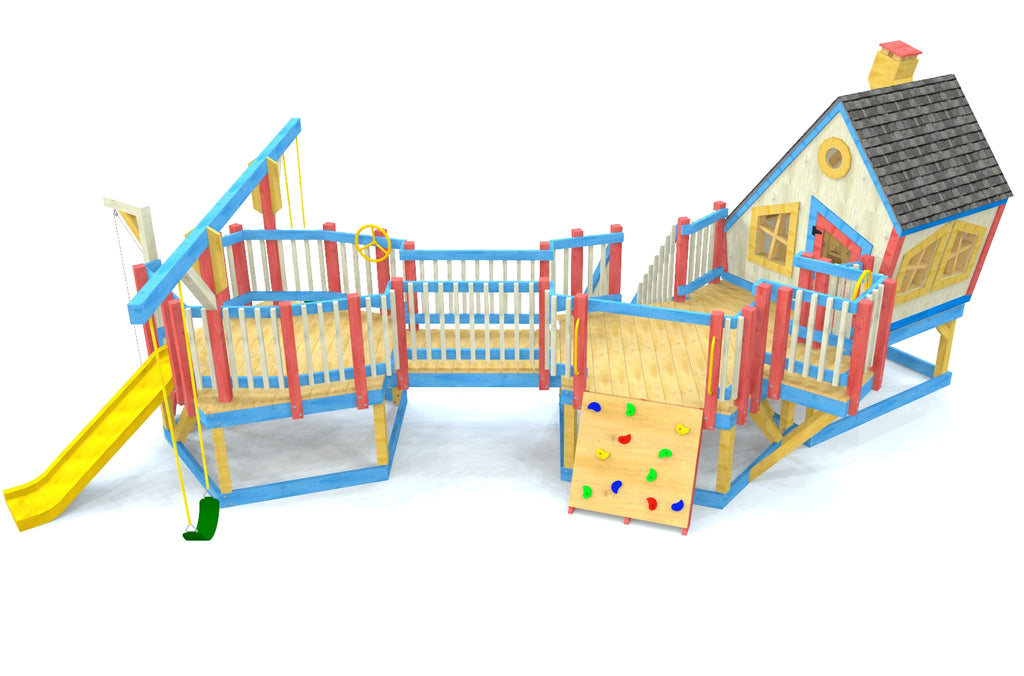 Colorful toddler playground with playhouse, swing set and rock wall