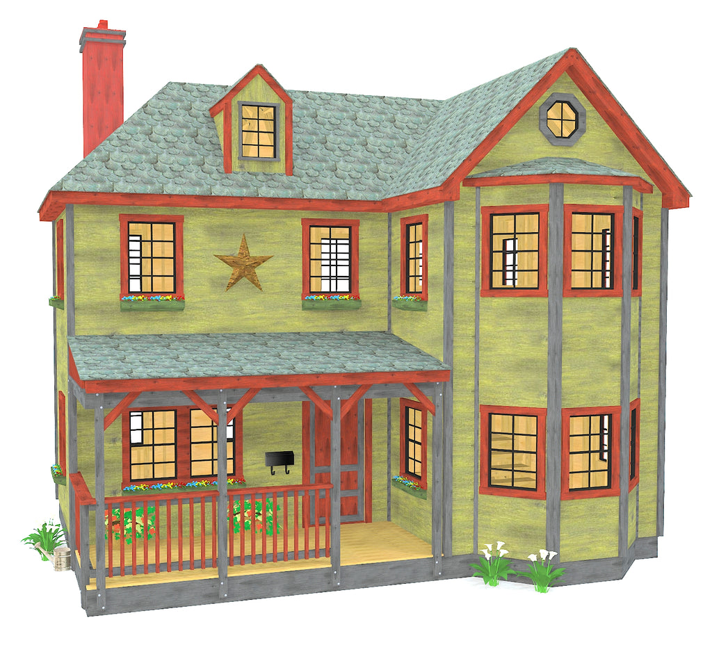Large, 2 story green and red Victorian playhouse with front porch and bay windows