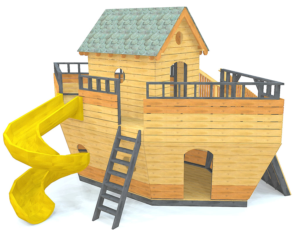 Noah's Ark playground playset with spirla slide, gang plank and rock wall