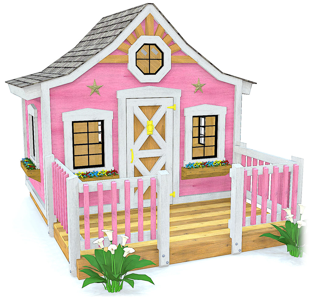 Pink girl's playhouse plan with curved roof and front porch