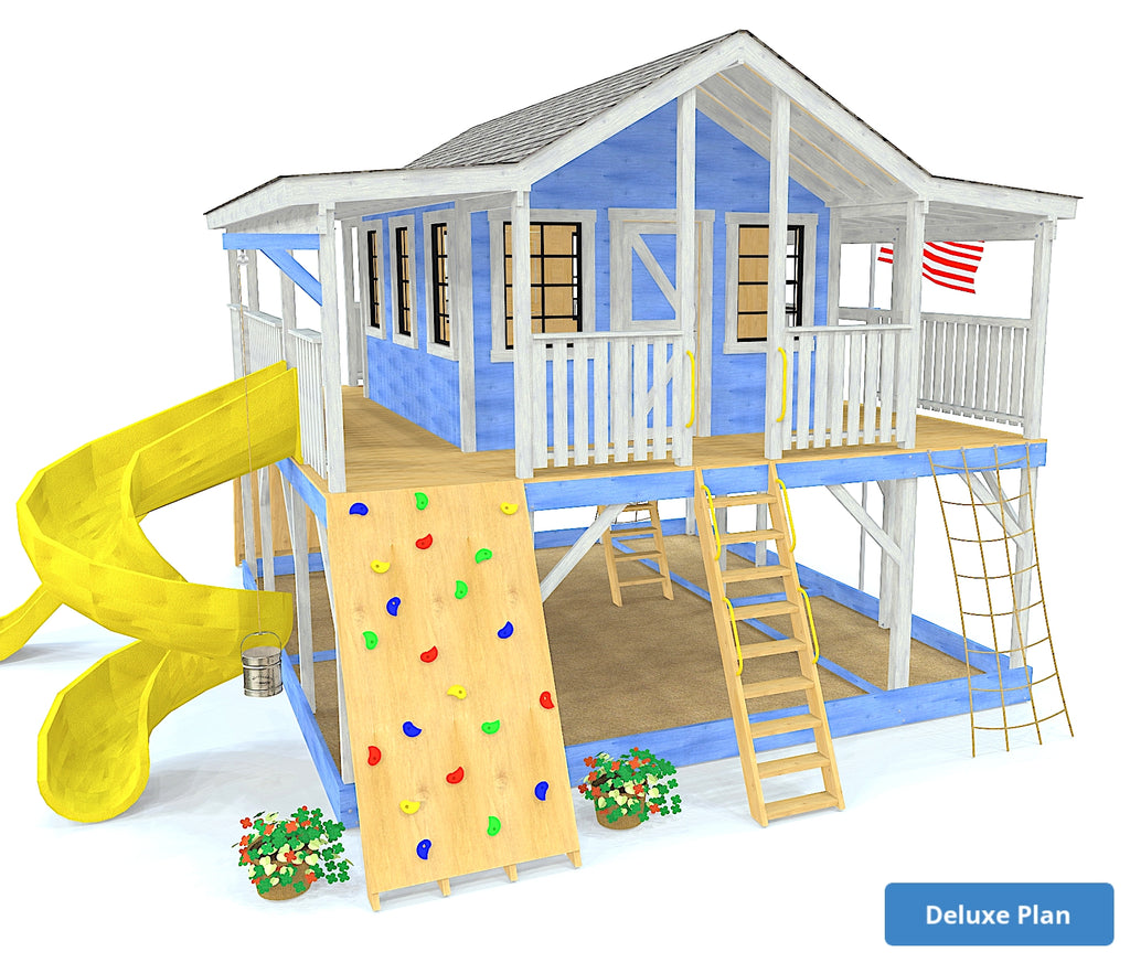 Large, blue gable playhouse with 360° wrap around porch, two stories, slides and ladders