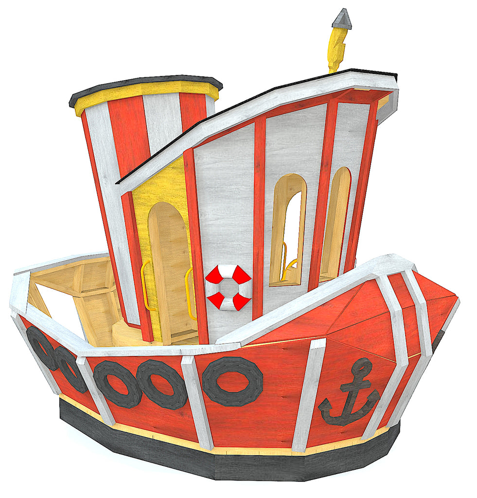 Red and white, whimsical tugboat playset plan for kids
