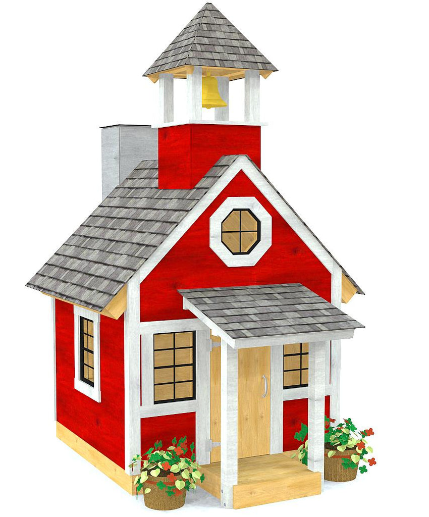 Red school playhouse plan with bell tower, chimney and glass windows