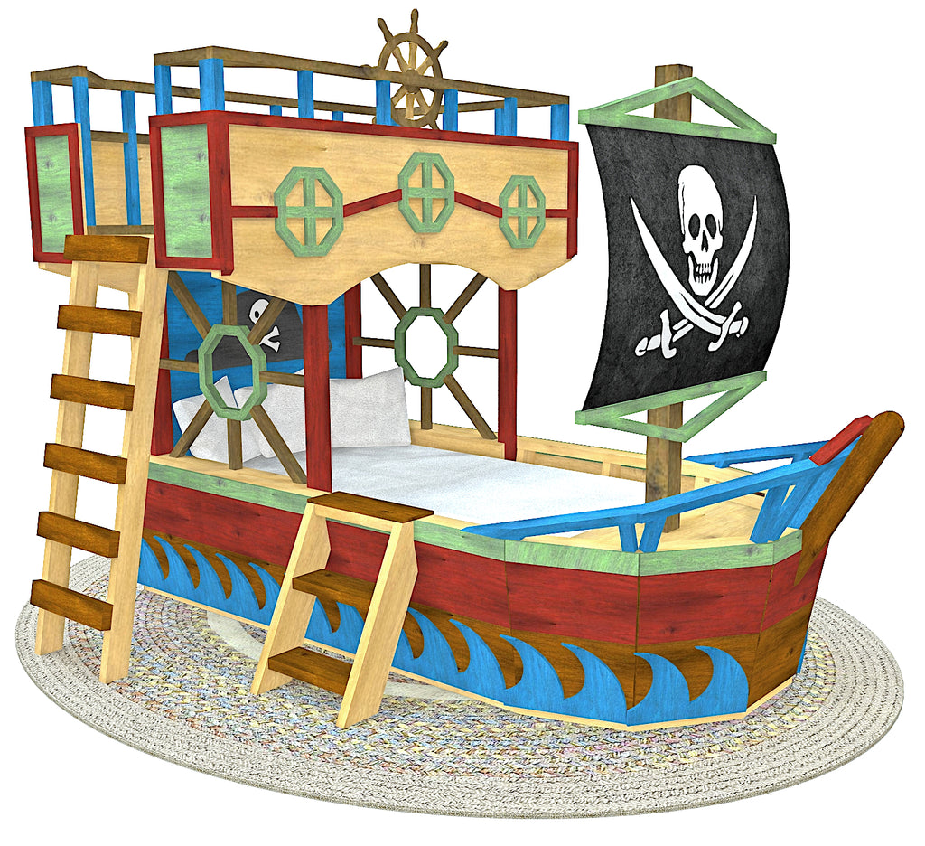 Indoor DIY pirate ship bunk bed plan with loft and sail