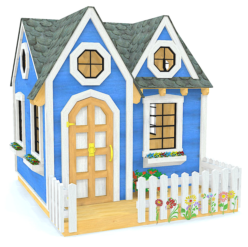 8x8 blue hip-&-valley playhouse with dormer, flowerboxes and white picket fence