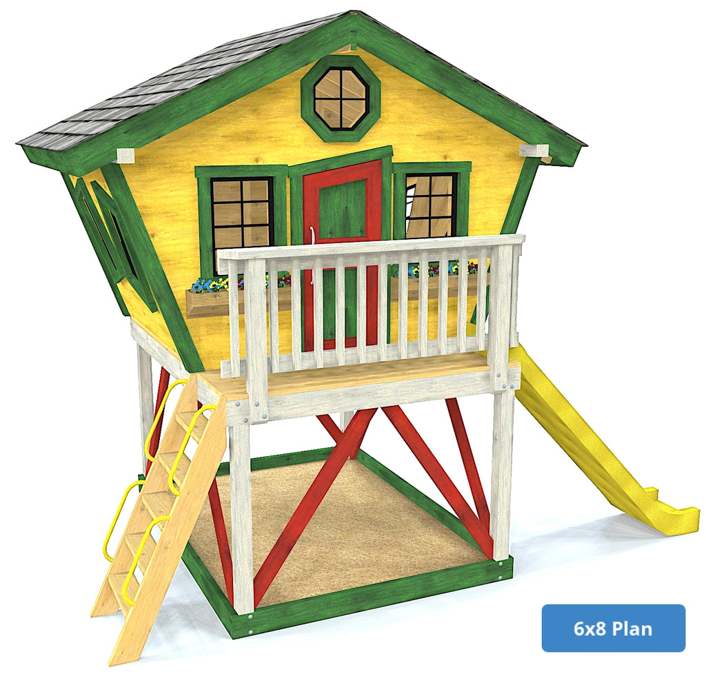 Yellow and green playhouse plan on posts