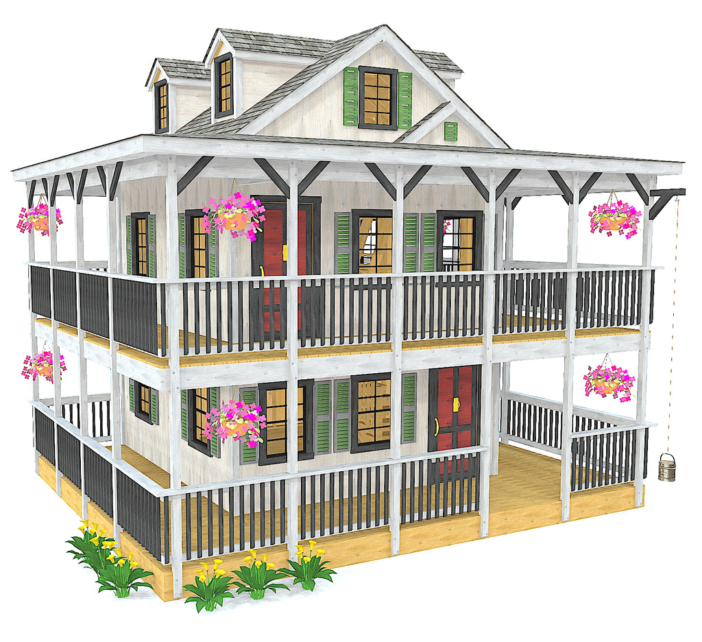 3 story, duel wrap around porch playhouse plan with four dormers, plants and white and black exterior