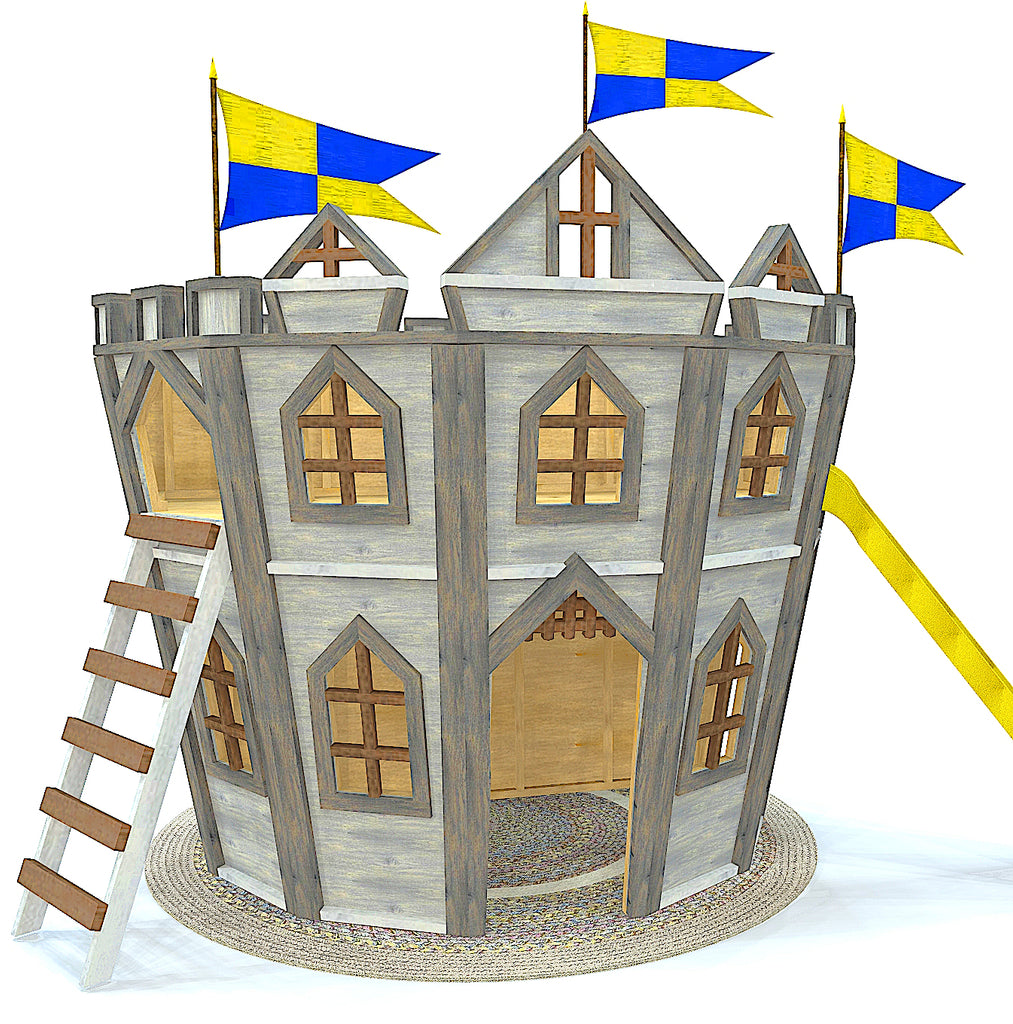 Whimsical indoor DIY castle playset plan with two levels