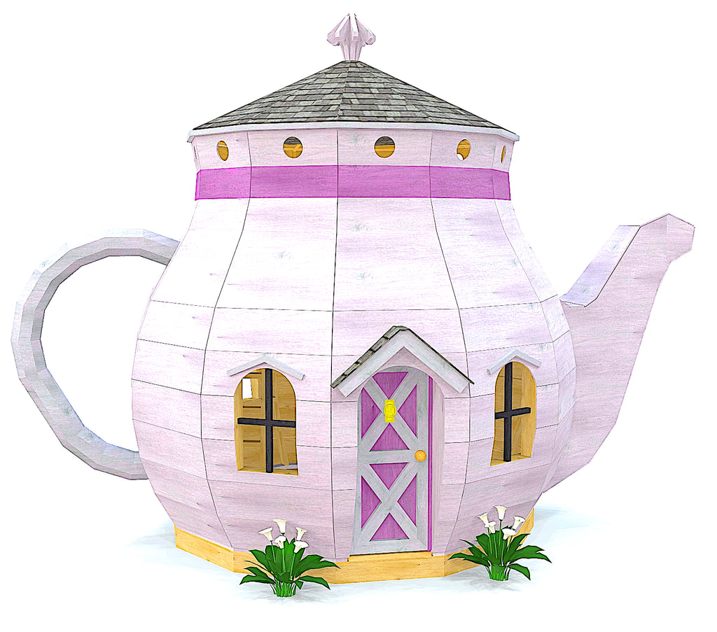 A purple teapot shaped playhouse plan for kids