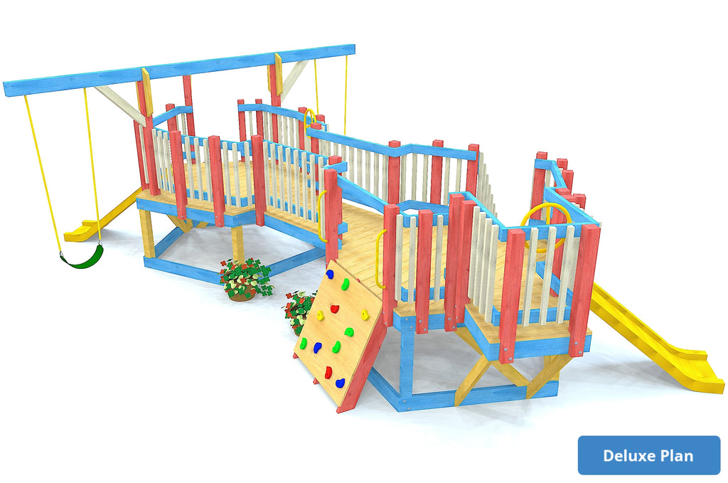 Toddler playground with swing set, slide and rockwall