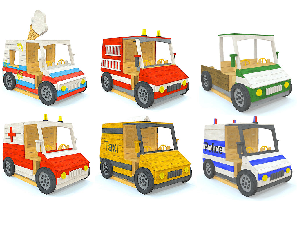 Six DIY playset trucks including a ice cream truck, fire truck, pickup truck, ambulace, taxi and police car