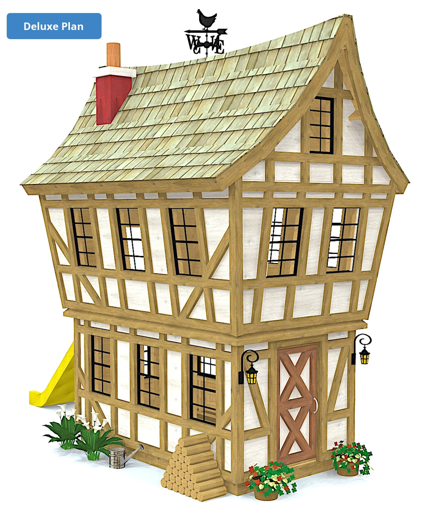Large, two story Tudor cottage playhouse plan