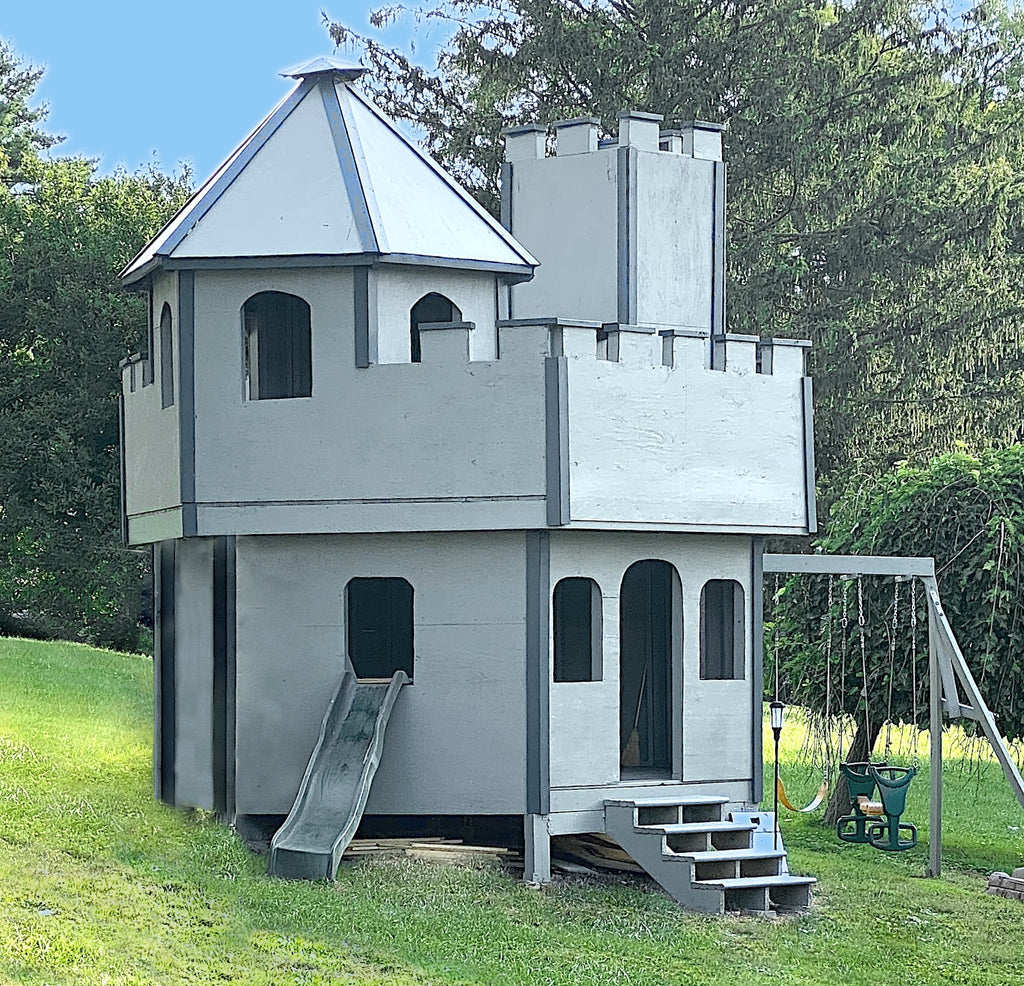 Backyard, 2 story DIY castle playset plan with slide and swing-set