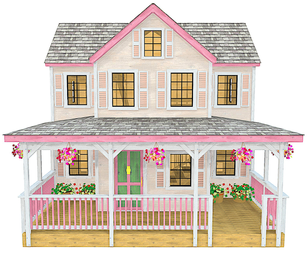 Large, pink girl's playhouse plan with wrap around porch and hip roof