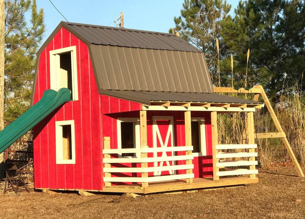 wooden barn playhouse plan with slide and swings