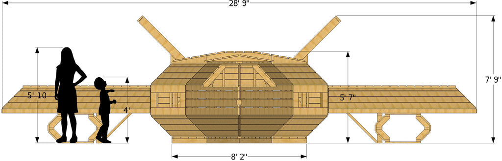 Side isometric view of large wood airplane playhouse plan