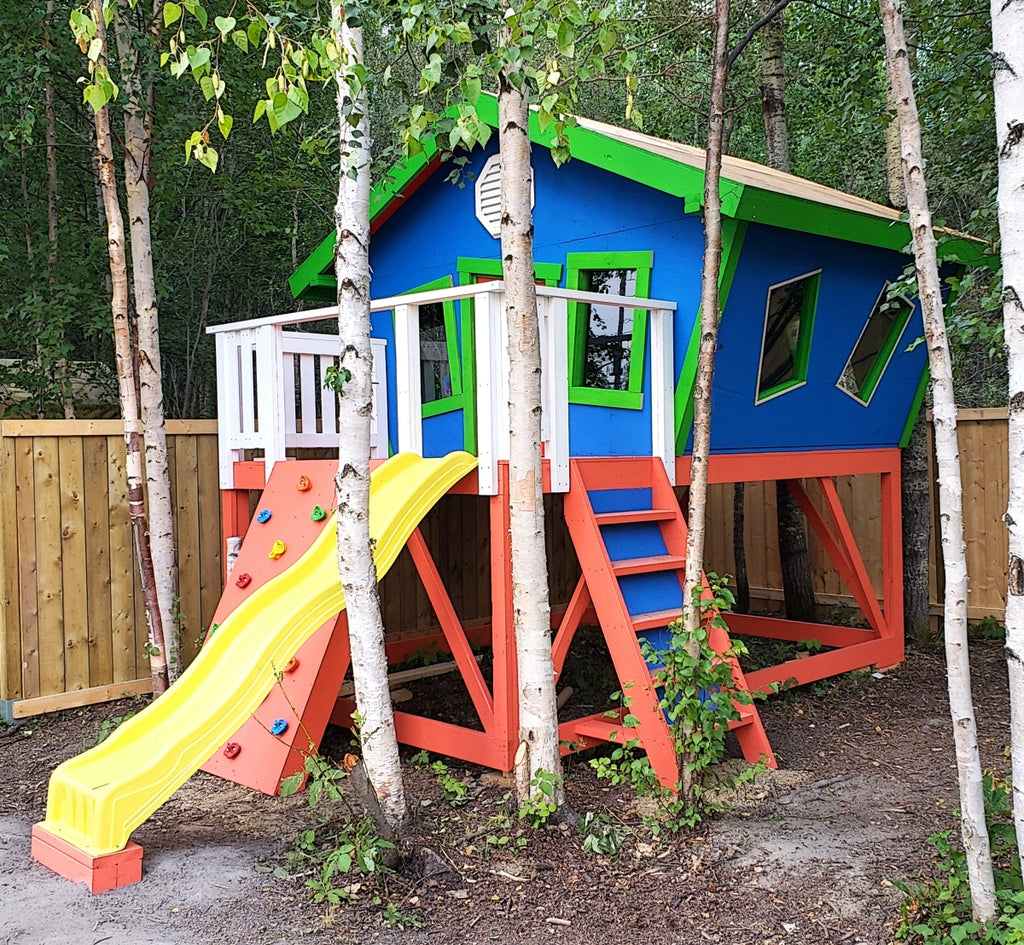 A red, green and blue take on the Slanted Shack playhouse plan.