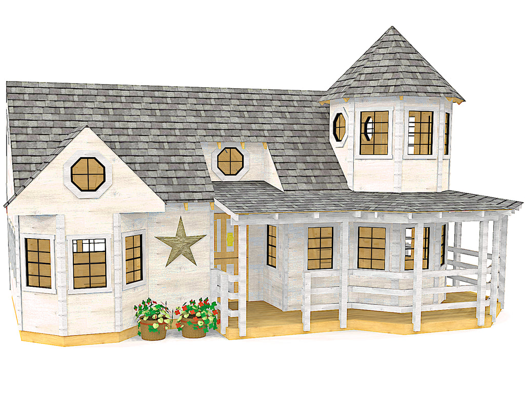 Large white Victorian playhouse plan - 2 story with wrap around porch and turret