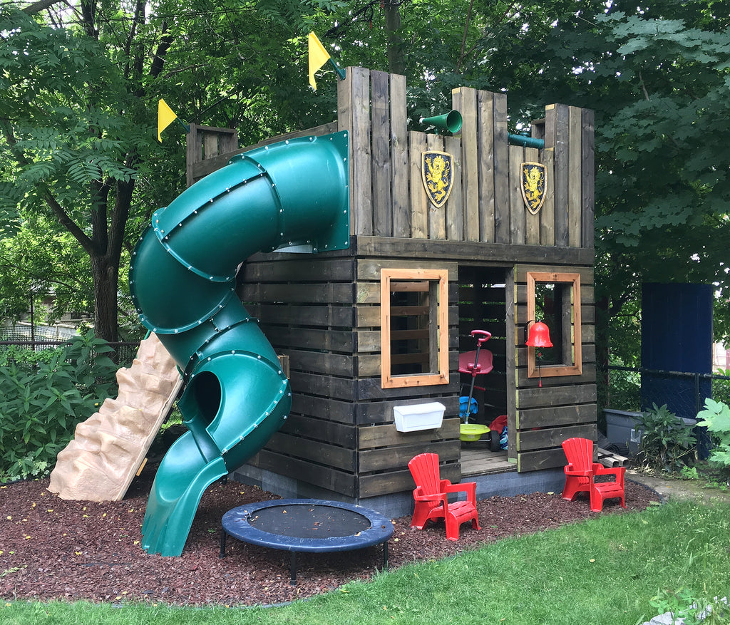 8x8 castle play-set plan with spiral slide and dark stain